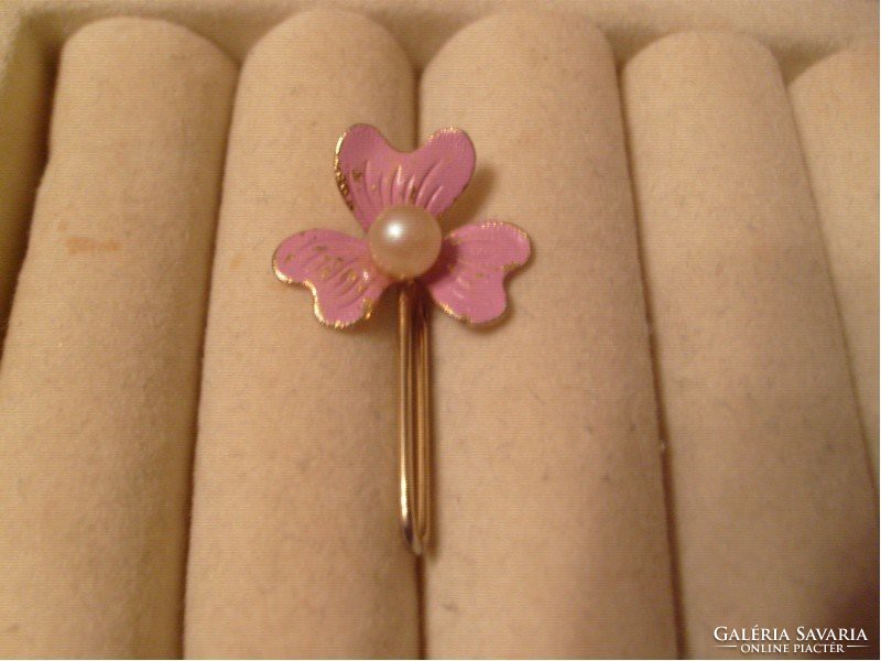 Gold filled pink fire enamel brooch with real pearl in the middle - rarity for sale