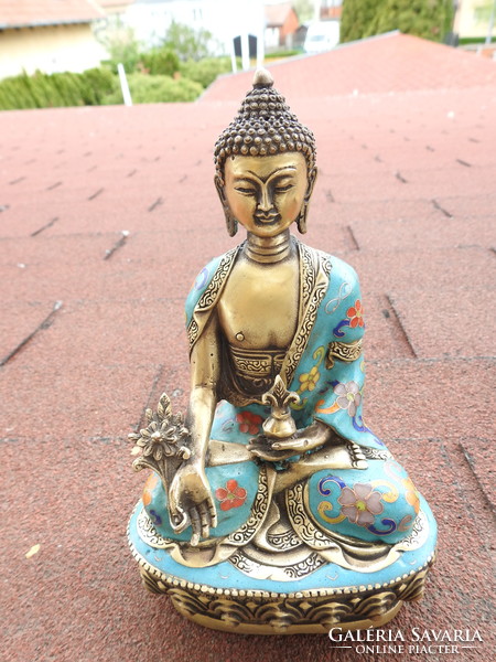 Meditáló  Buddha - antik bronz szobor cloisonné zománccal