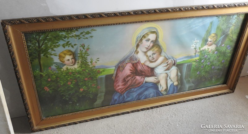 Szűz Mária a Kisdeddel angyalok társaságában - hatalmas jelzett - ritka ! antik szentkép keretezve