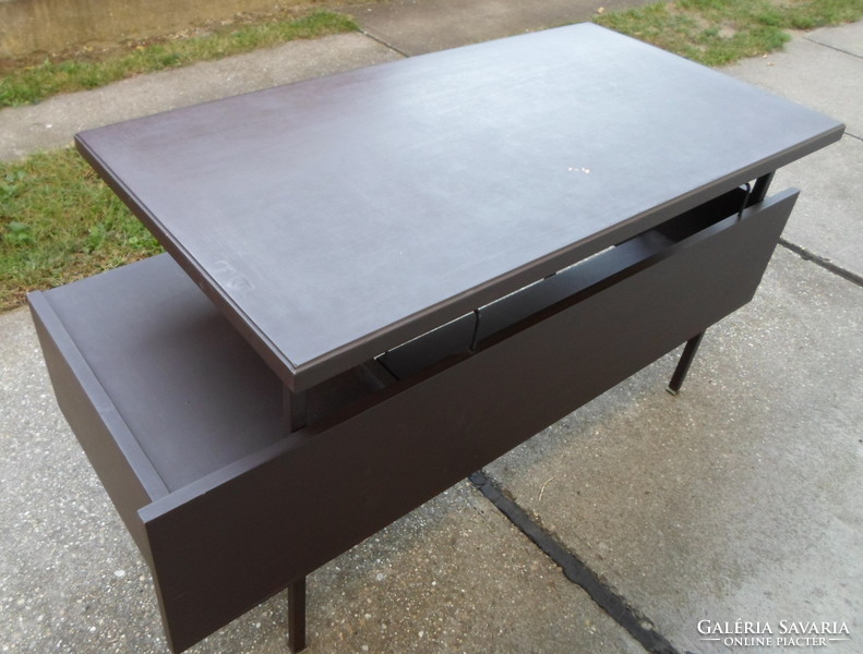 Retro, wood and wrought iron desk (drawer, shelf; 1979)