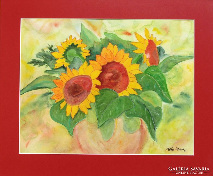 Artur harms: sunflowers, 2001 - large watercolor, framed