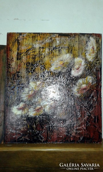 "Rozsdavirágok .Modellpaszta-festmény farostlemezen  35 x 40 cm(sorozat1)
