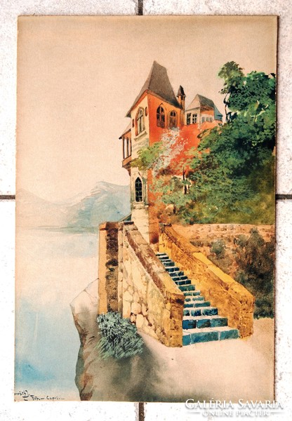 István E. Horváth: sea view villa on the island of Capri, 1907 - original watercolor