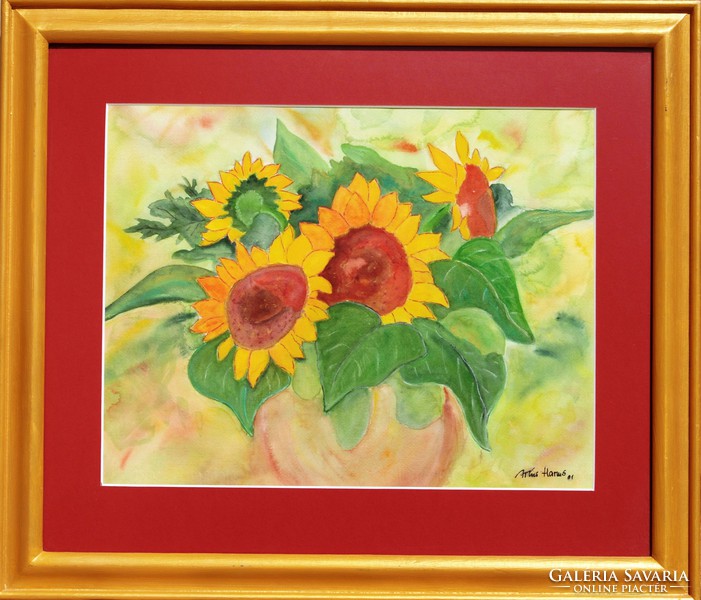 Artur harms: sunflowers, 2001 - large watercolor, framed