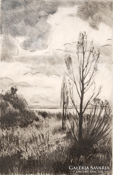 White Ilona (Iván Solid, 1913-1983): cloudy sky on the shores of Lake Balaton - etching