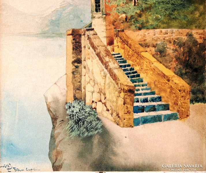 István E. Horváth: sea view villa on the island of Capri, 1907 - original watercolor
