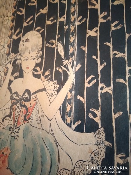 Régens hölgyeket ábrázoló rajz, színes grafika párban, divatlapba illő