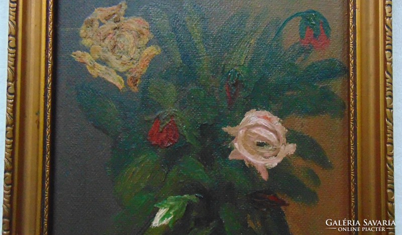 Old rose still life oil painting in antique frame