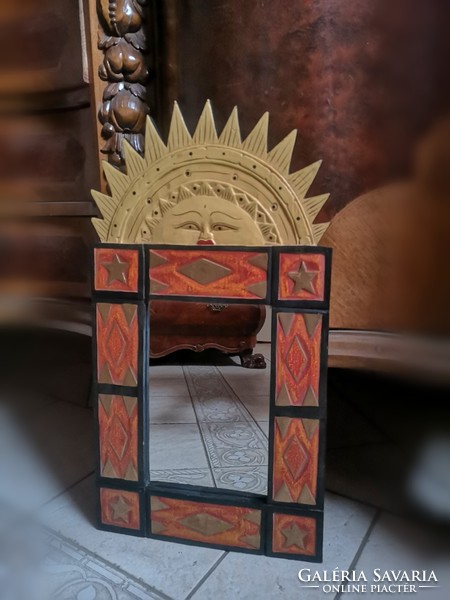 Far Eastern hand - painted, hand - carved mirror, Indonesian 80 x 32 cm