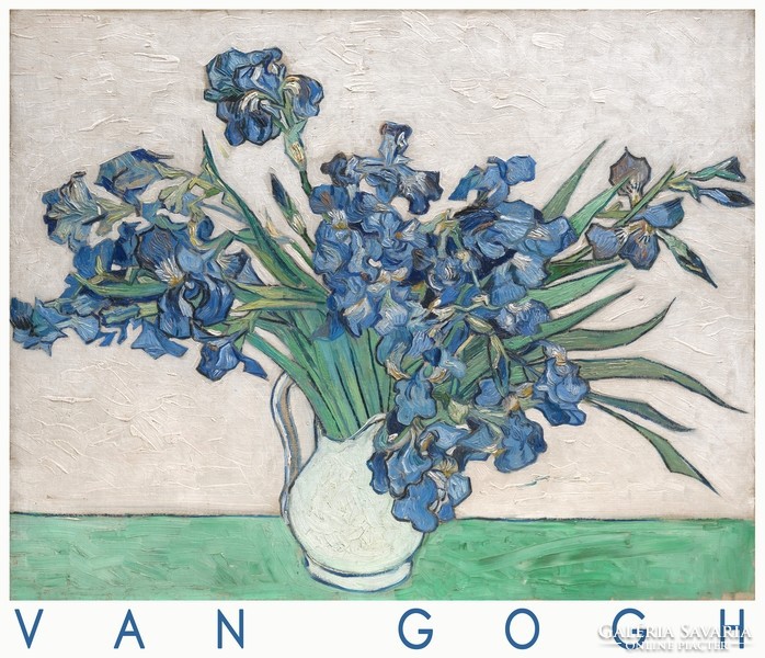 Van Gogh Íriszek fehér vázában 1890 művészeti plakát holland festmény kék virágok csokor csendélet