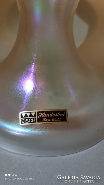 Kézműves irizáló egyedi kétrészes Erwin EISCH jelzett üveg gyertyatartó