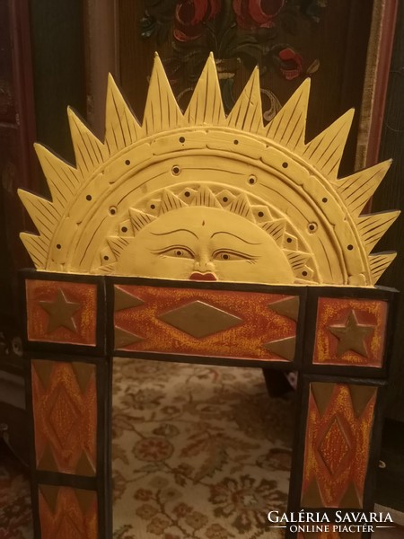Far Eastern hand - painted, hand - carved mirror, Indonesian 80 x 32 cm