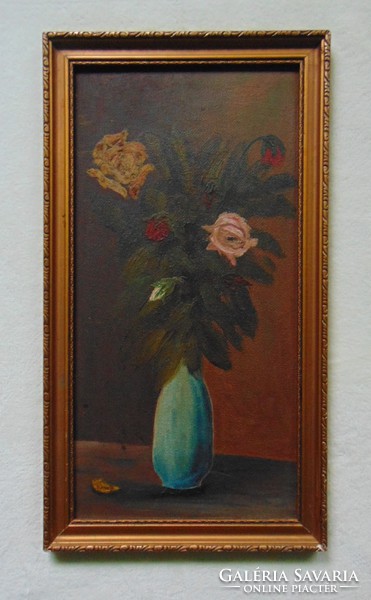 Old rose still life oil painting in antique frame