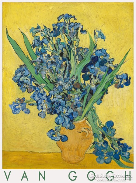 Van gogh irises in yellow vase 1890 art poster Dutch painting blue flowers bouquet still life