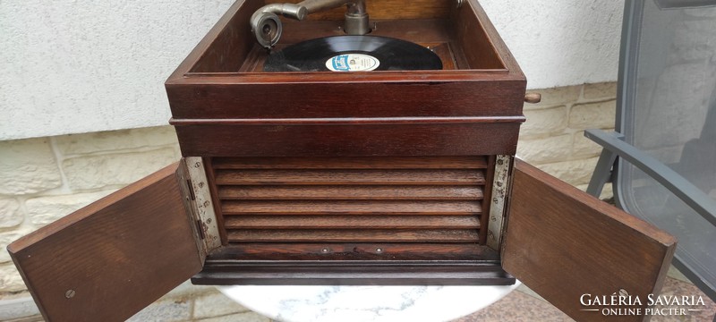 Antique original large furniture gramophone, wooden box, marked! Also video