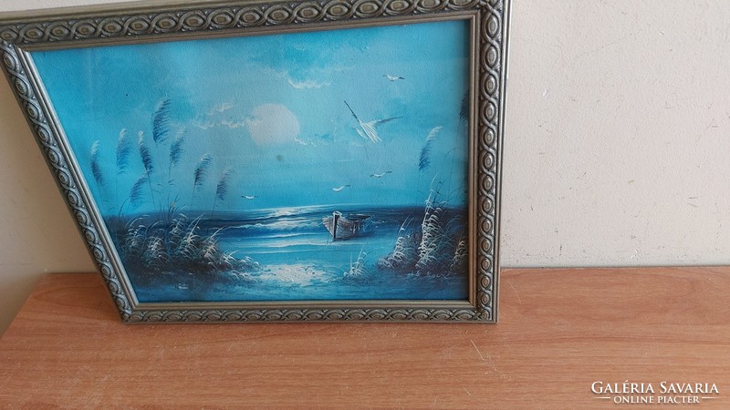 Szép vízpart festmény csónakkal 24x28 cm  Le Roux
