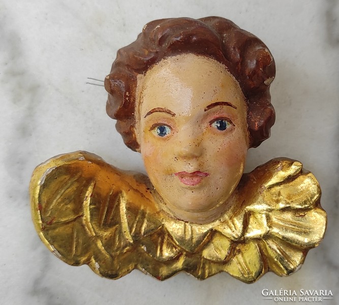 Antique wood carved angel wall hanging. Sculpture painted gilded