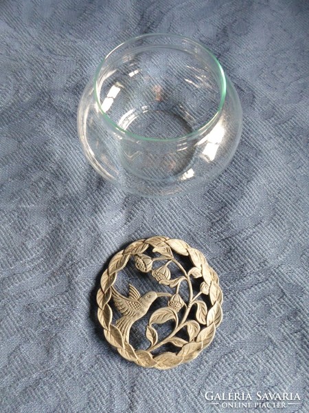 Glass bowl with openwork hummingbird pattern on metal lid