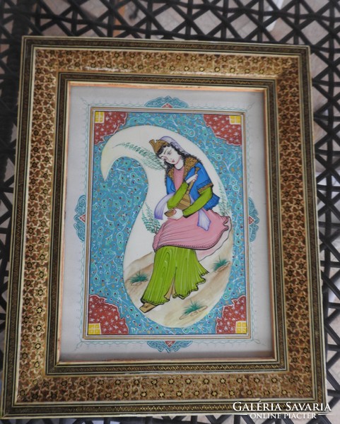 Hand-painted oriental painting in an inlaid frame