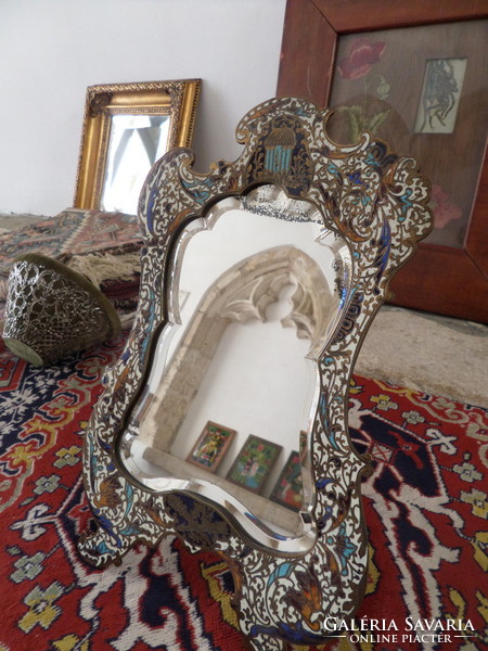 Zománcos antik asztali tükör