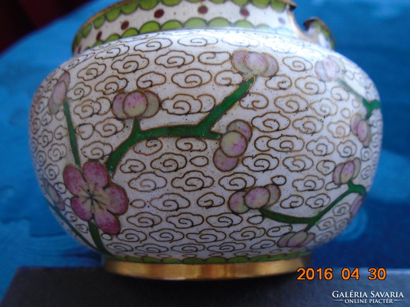 Antique Chinese split enamel cloisonné brush washing bowl with cherry blossom pattern