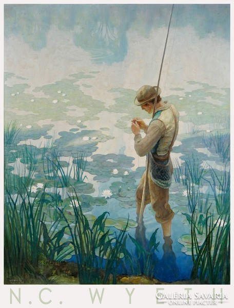 N.C. Wyeth Thoreau horgászat közben 1936 amerikai festmény művészeti plakát tó tavirózsa horgász bot