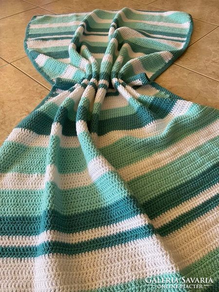 Turquoise and white striped afghan crochet blanket