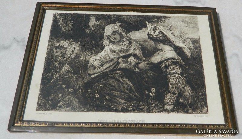 Antique engraving: hans makart der lieblingspage in metal ornate frame