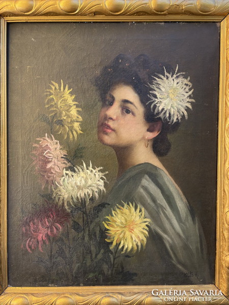 Charles the raven holczer: young girl with chrysanthemum 81x66cm !!