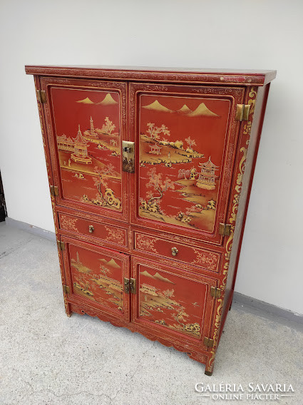 Antique Chinese gold embossed painted English red lacquer cabinet 5387