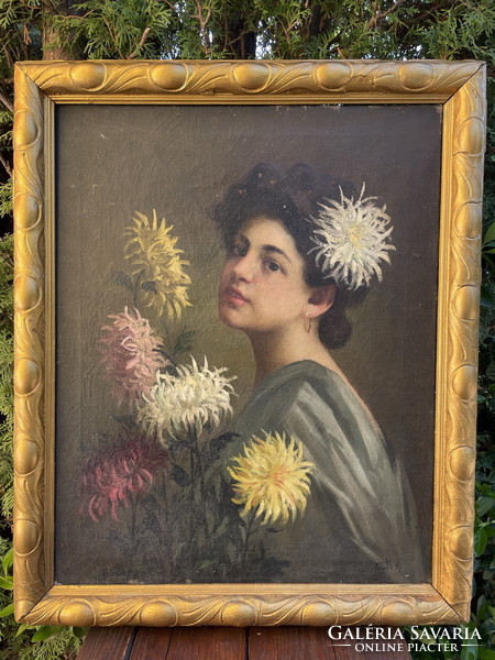 Charles the raven holczer: young girl with chrysanthemum 81x66cm !!