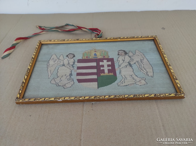 Antique tapestry needlework with Hungarian coat of arms angels in a contemporary frame irredenta 5399