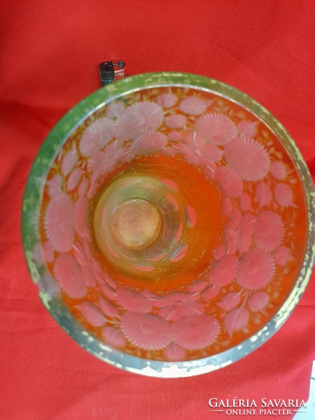 Antik Biedermeier Metszett Zöld Üveg,Virágmintás Váza. 22 cm.