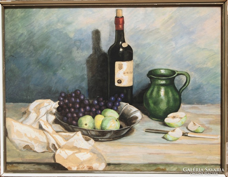 Table still life with grapes, apples and wine bottle - large watercolor, framed