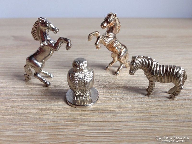 Silver colored metal miniature animal figurines horse, owl, zebra