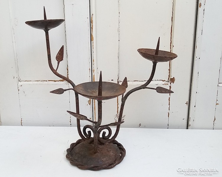 Old iron candlestick with vintage three branches 28 cm