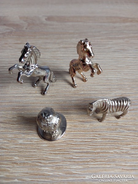 Ezüst színű fém miniatűr állat figurák ló, bagoly, zebra