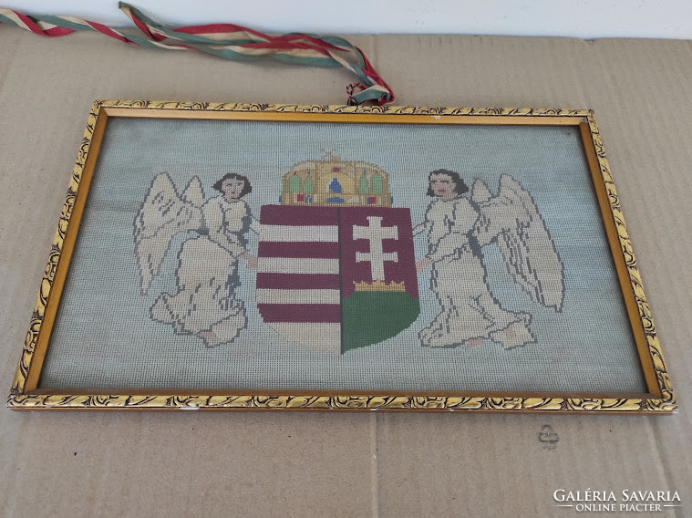 Antik gobelin kézimunka magyar címer angyalokkal korabeli keretben irredenta 5399