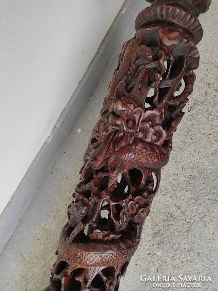 Antik kínai dúsan faragott fa háromlábú oszlop sárkány madár motívum 5386