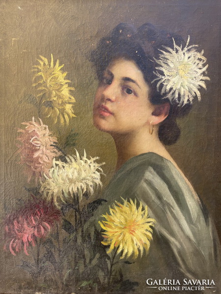 Charles the raven holczer: young girl with chrysanthemum 81x66cm !!