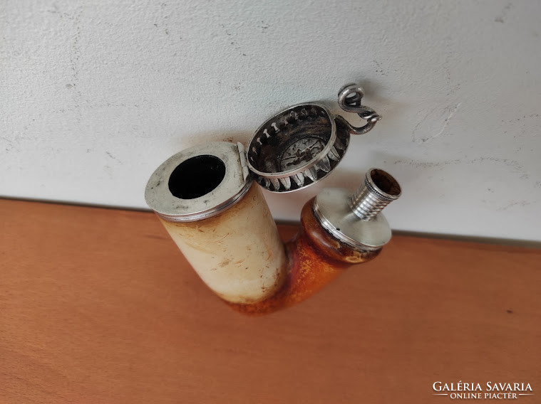 Antik tajtékpipa tajték pipa szárral szép ezüst szerelékkel huszár kard katona motívum 933
