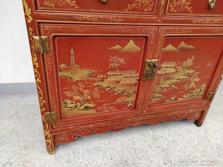 Antique Chinese gold embossed painted English red lacquer cabinet 5387