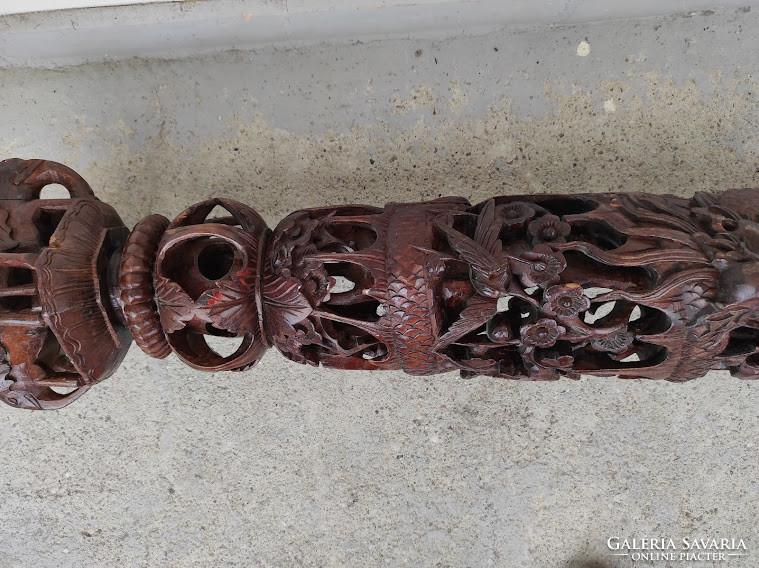 Antique Chinese richly carved wooden three-legged column dragon bird motif 5385