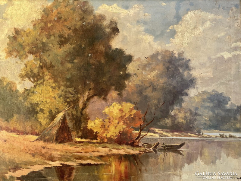 László Pántl: tube hut on the river bank 87,5x117cm !!!