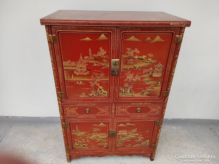 Antique Chinese gold embossed painted English red lacquer cabinet 5387