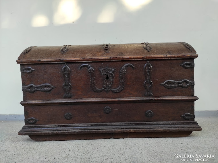 Antique renaissance baroque furniture iron applique vaulted heavy hardwood wooden chest 18th century 5370