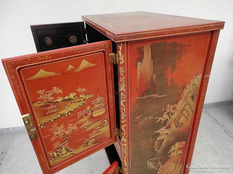 Antik kínai arany dombor festéses angolvörös lakk szekrény 5387