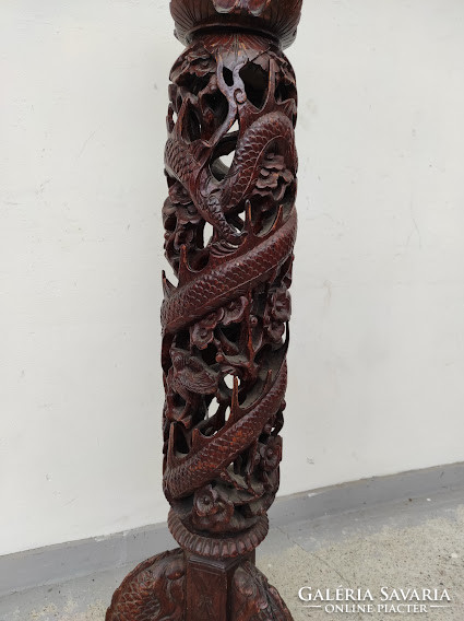 Antique Chinese richly carved wooden three-legged column dragon bird motif 5386