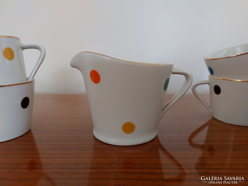 Régi Hollóházi porcelán színes pöttyös kávés csésze kiöntő retro mid century 7 db mokkás
