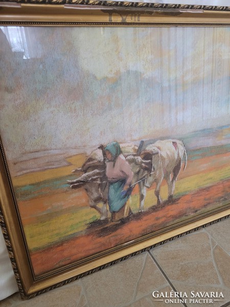 Unknown painter, old lady in the field with two oxen
